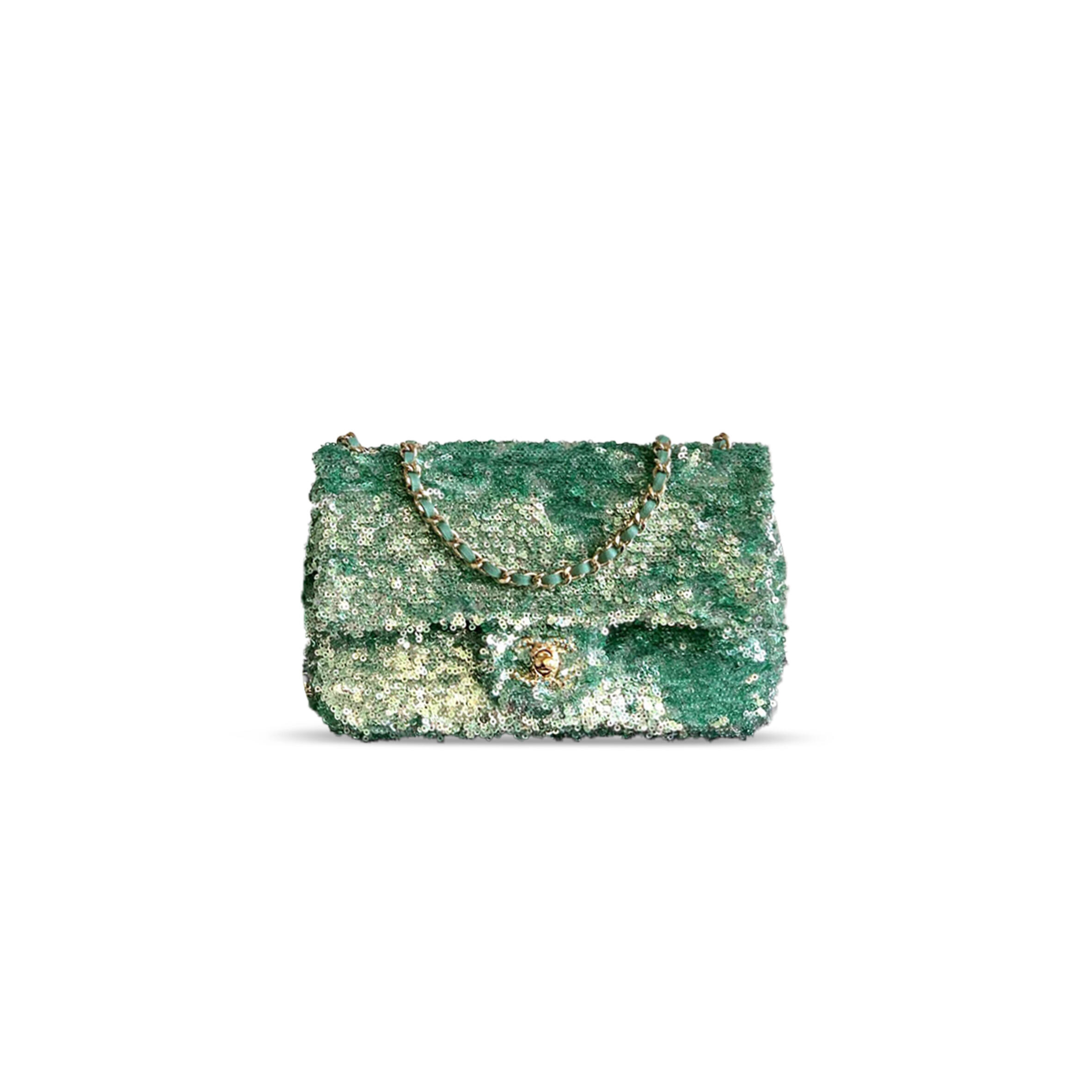 ch*el flap bag sequins & gold-tone metal G01den & green as4561 (21*14*8cm)